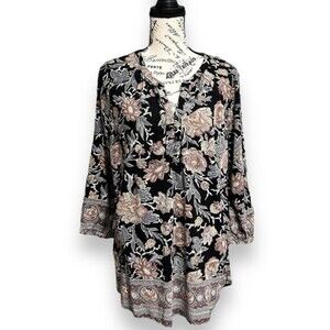Lucky Brand 1X Boho Blouse Black Floral Paisley Tunic Top Pleated Long Sleeve